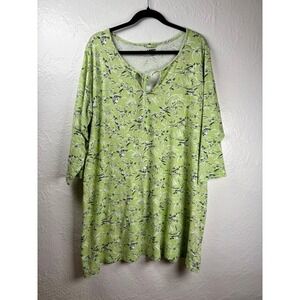 Lands End Womens 1X Green Floral Bird Print Cotton Knit Tunic Cottage Coastal